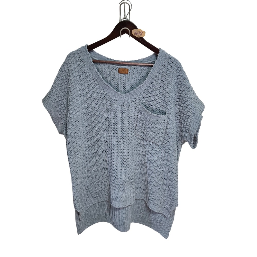 POL Womens Blue Chenille Knit Short Sleeve V-Neck Pocket Sweater Size S
